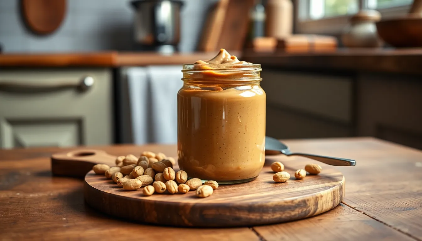 Delicious homemade organic peanut butter in a glass jar on a wooden board.