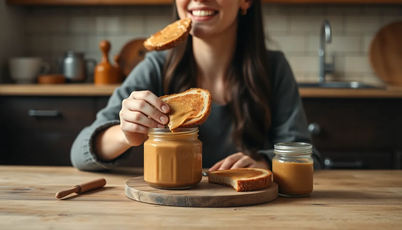 A woman savors a slice of peanut butter toast, embracing a relaxed morning routine.