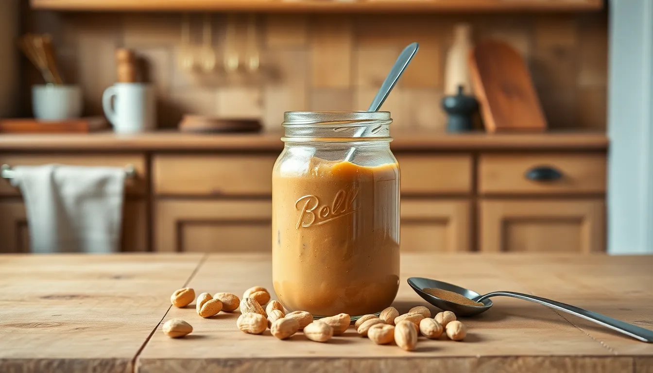 A glass jar of homemade peanut butter on a wooden table with peanuts and a spoon.