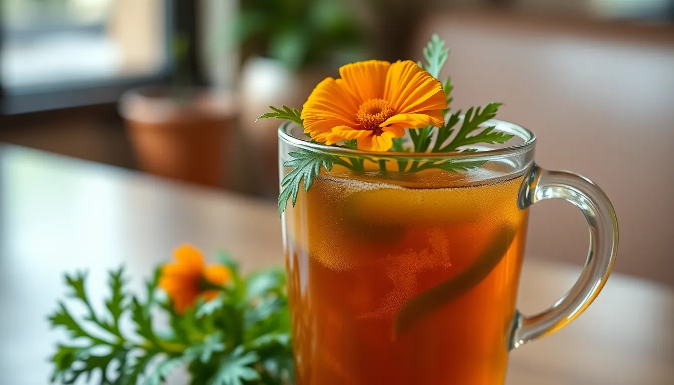 A refreshing glass cup of herbal tea garnished with nettle leaves and marigold flower.