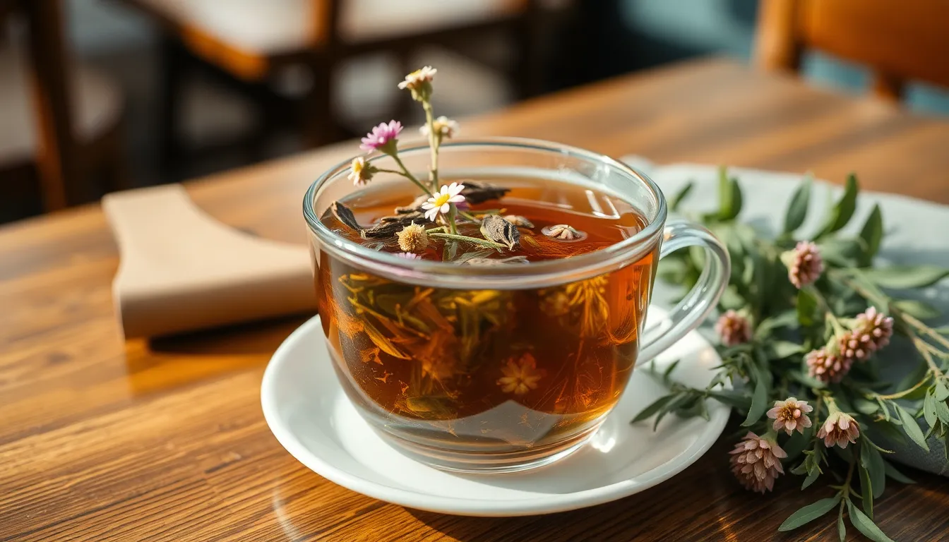 A close-up of an herbal tea mug filled with dried leaves and flowers on a table.
