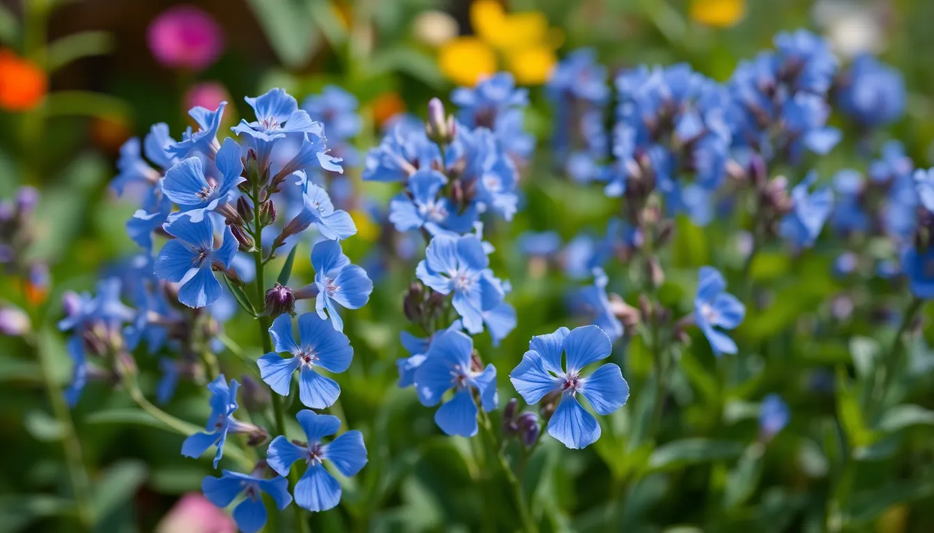 A close-up of vibrant blue chicory flowers in a lush summer garden.