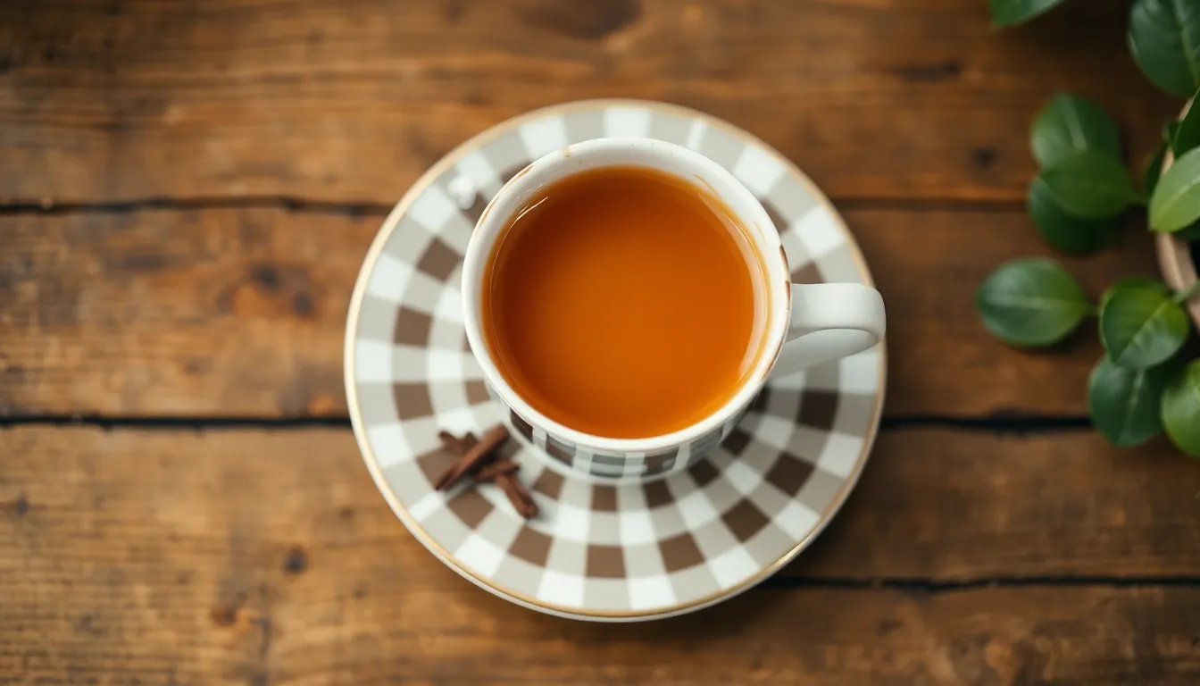 Aerial view of a coffee cup with a checkered saucer on a rustic wooden table.