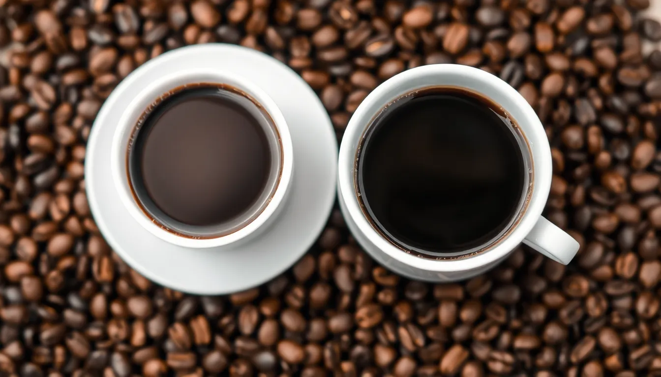 A fresh cup of black coffee in a white saucer set against a rich bed of coffee beans.