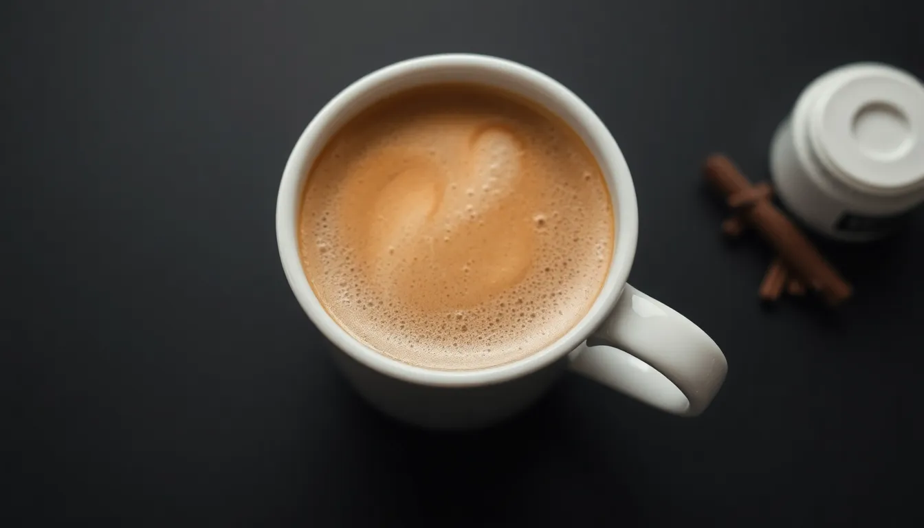 A top view of a foamy black coffee in a white porcelain cup against a dark background.