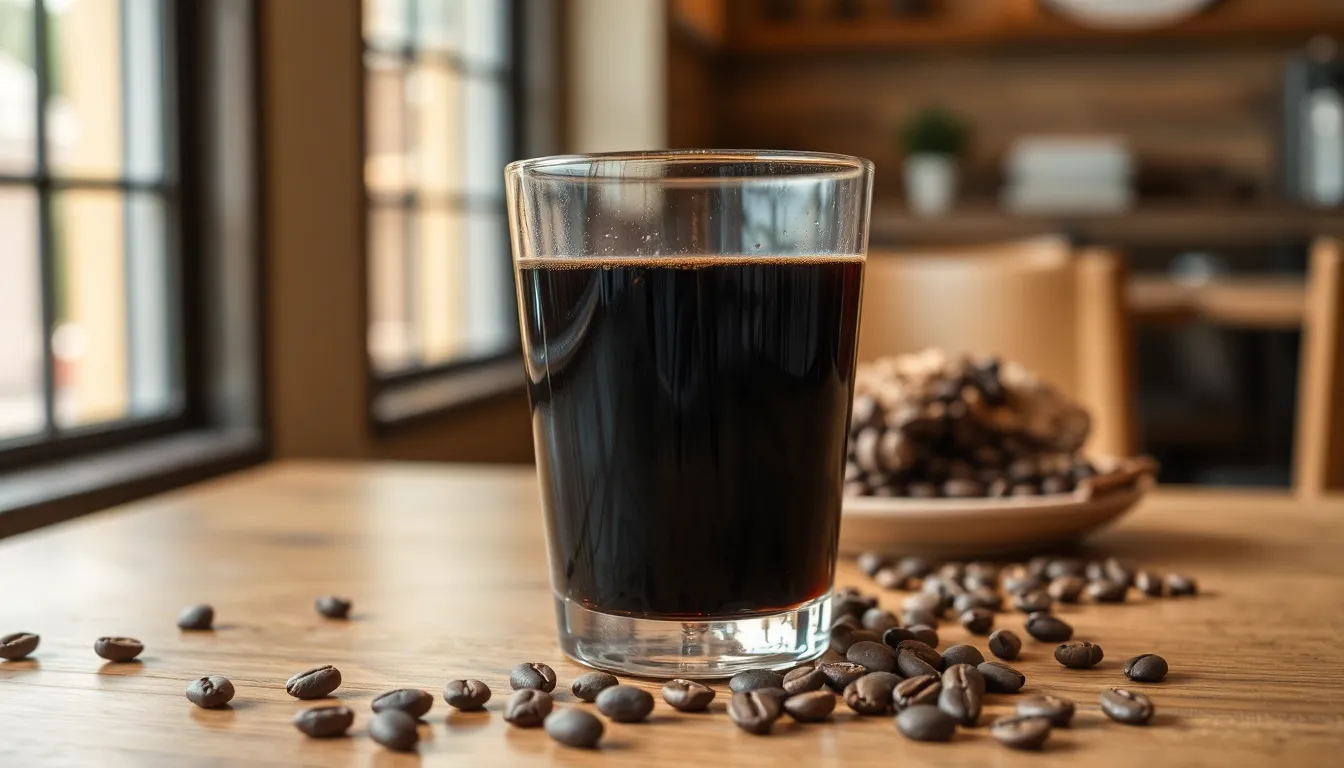 Black coffee served in a clear glass with scattered coffee beans on a wooden table in natural daylight.