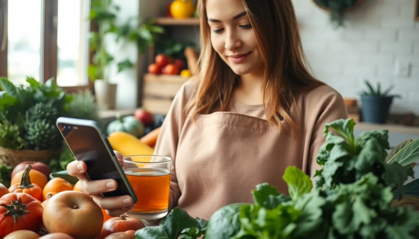 A person using a smartphone for grocery delivery surrounded by fresh fruits and vegetables.