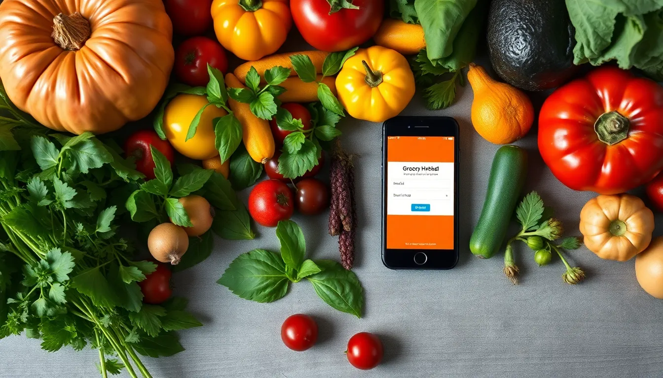 Flat lay of fresh vegetables and fruit with a smartphone showing grocery delivery confirmation.