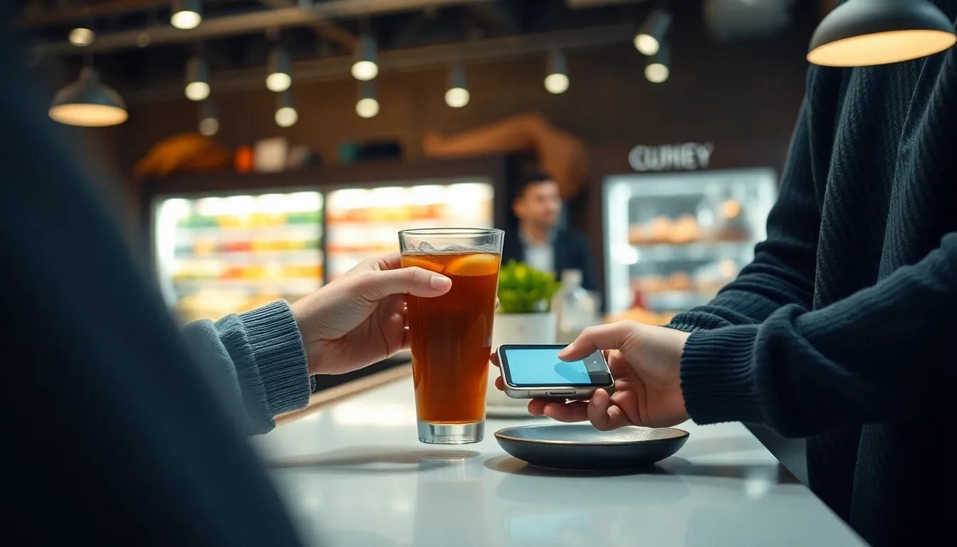 A customer making a contactless payment with a smartphone at a grocery store checkout counter.