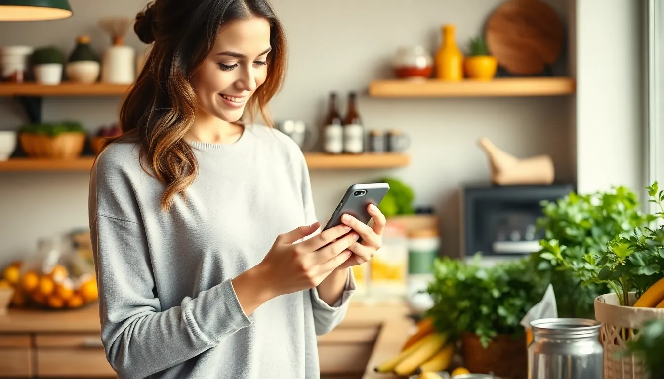 Young woman checks her smartphone while holding a banana, standing by groceries in the kitchen.