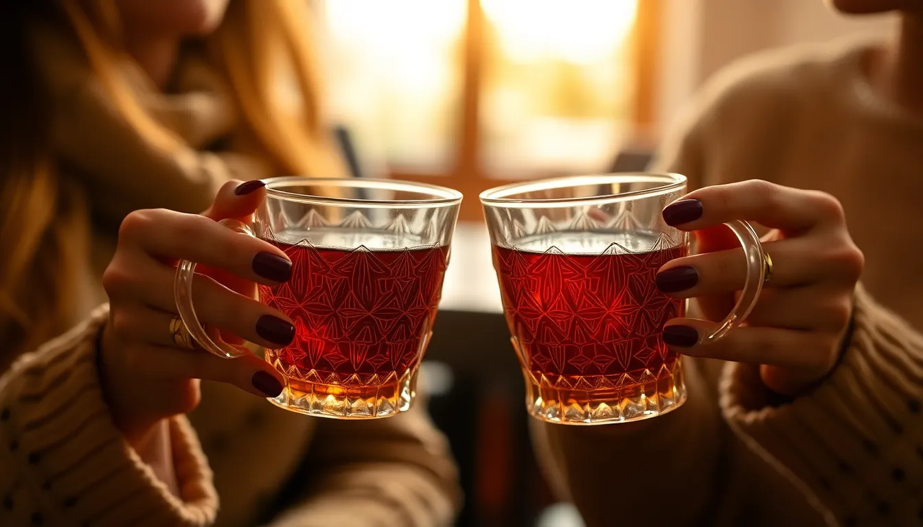 Close-up of women holding Turkish tea glasses with distinct design.