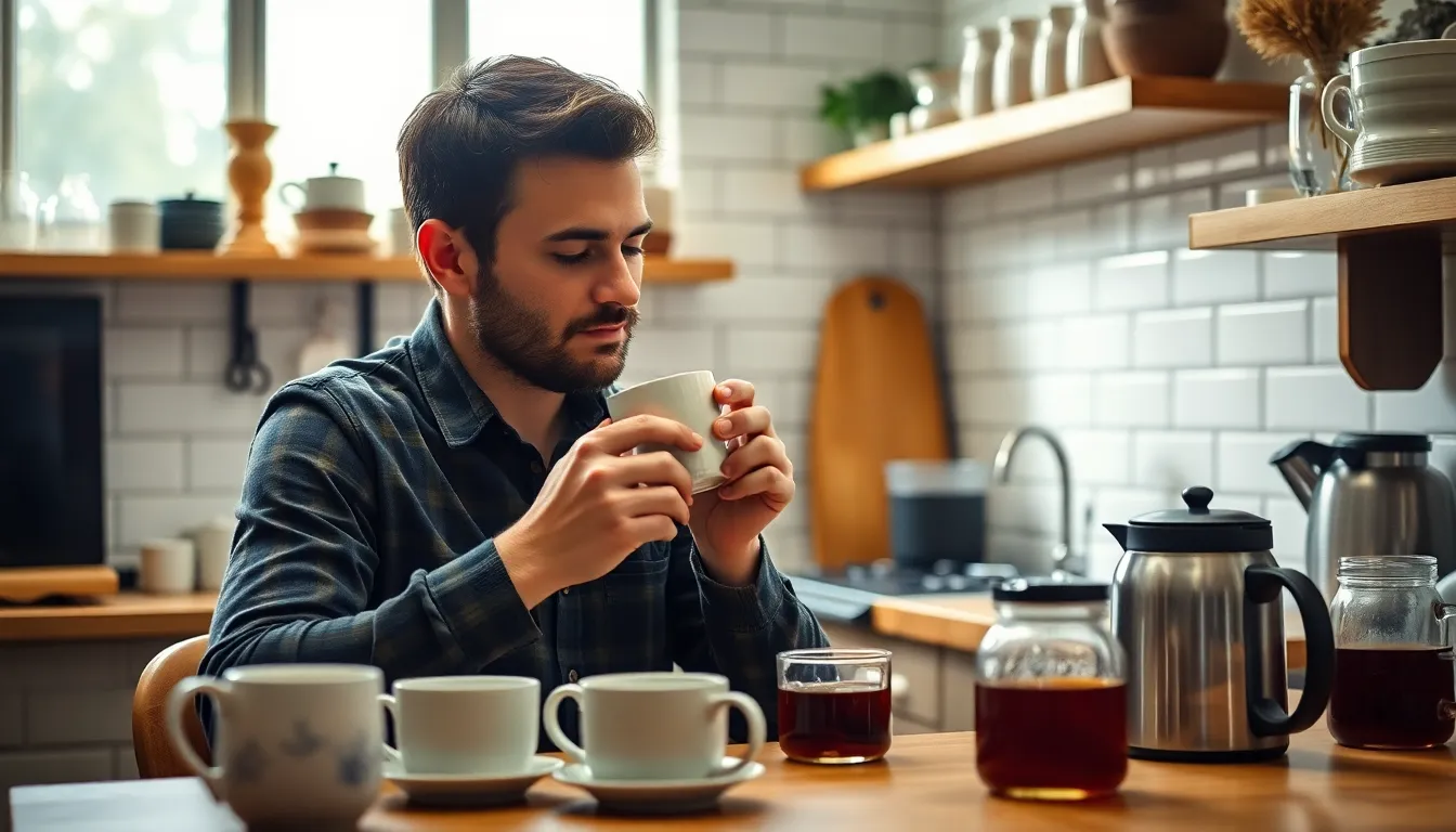 A man calmly sips coffee in a kitchen cluttered with empty mugs, displaying a relaxed morning routine.