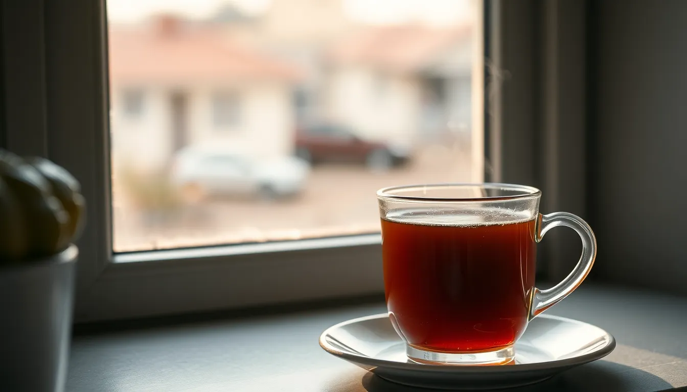 A steaming cup of Turkish tea on a windowsill with blurred background in Gaziantep.