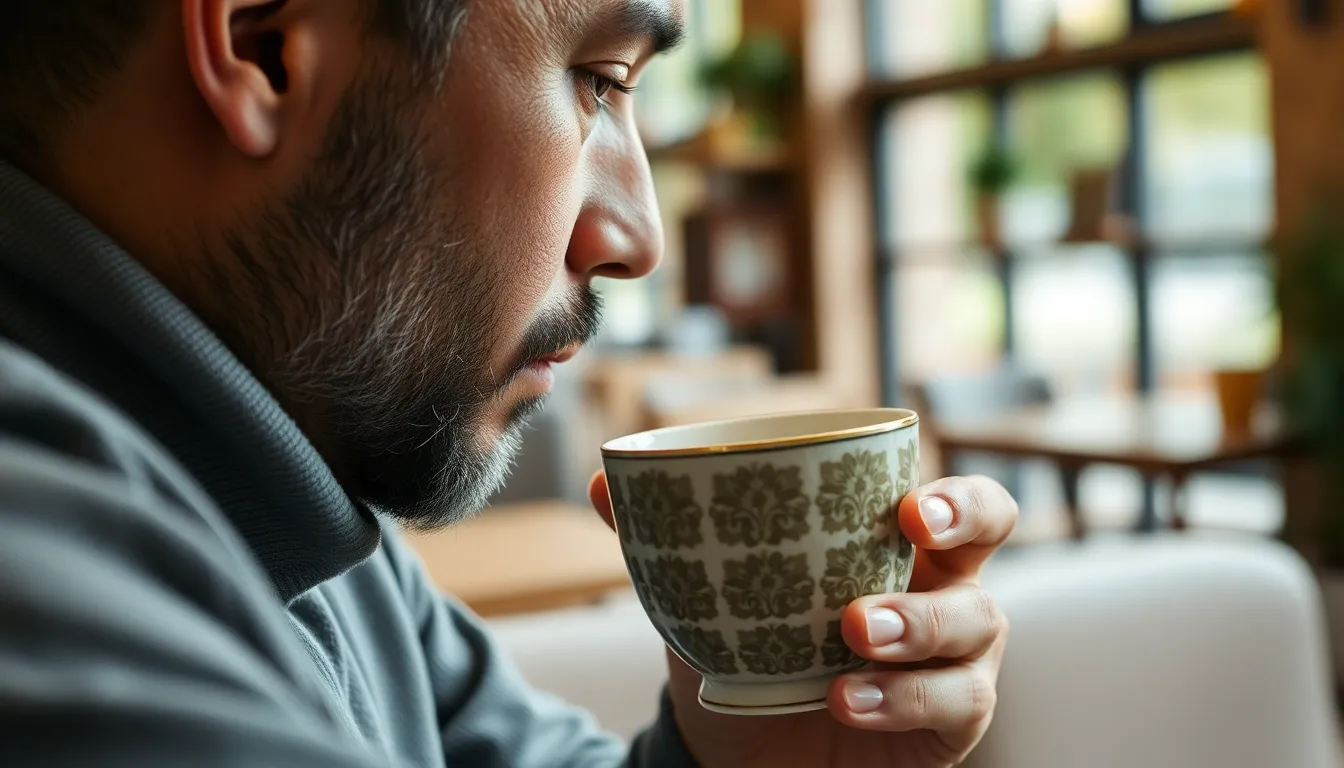 Close-up side view of a man sipping from a patterned teacup indoors.