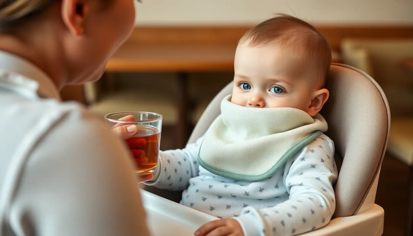 Crop person feeding baby with bib sitting in feeding chair and looking at camera