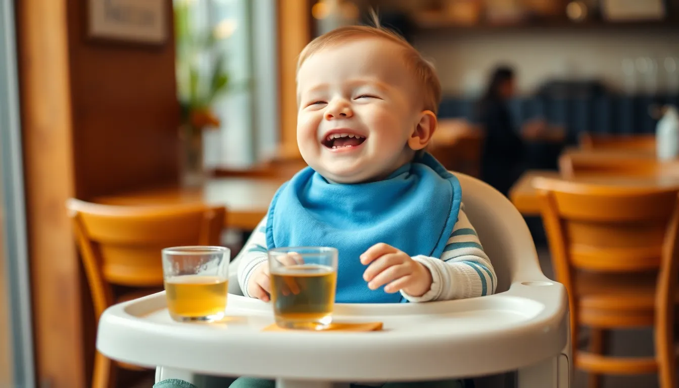 Happy baby laughing in a high chair during mealtime, wearing a blue bib.