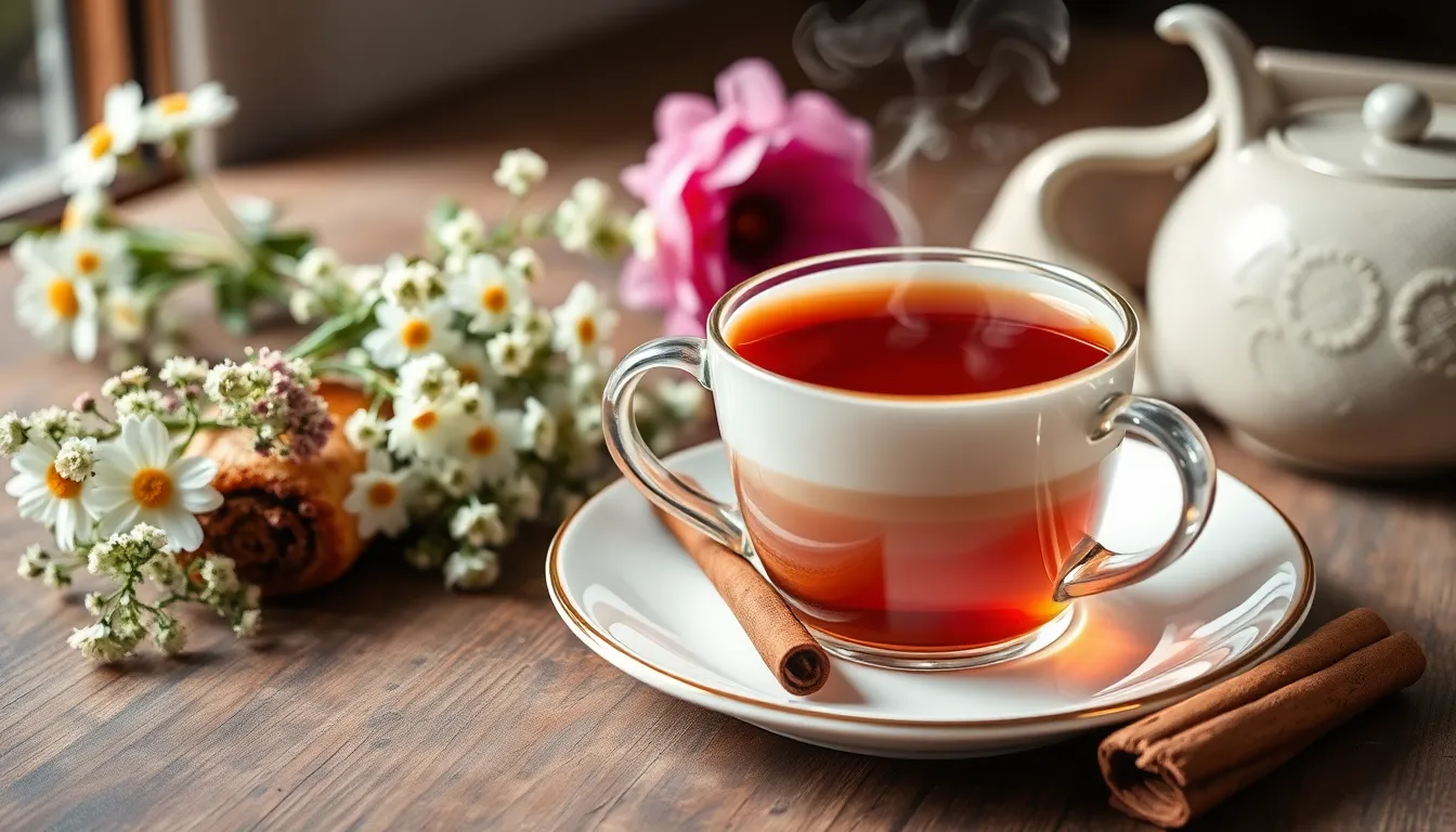 A close-up of a steaming cup of tea paired with a cinnamon roll and flowers on a rustic background.