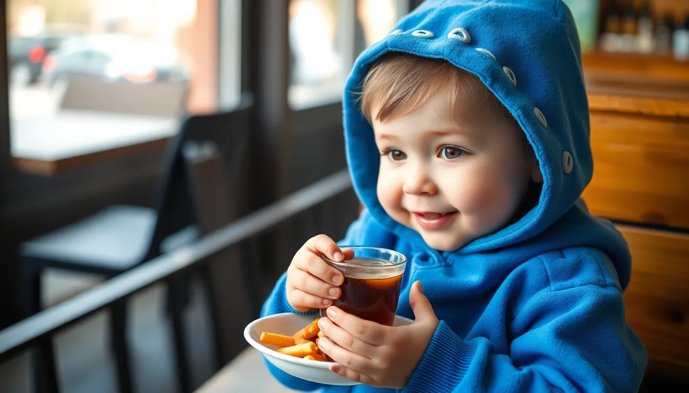 Cute child in blue hoodie enjoying a meal on a wooden bench, showing innocence and contentment.