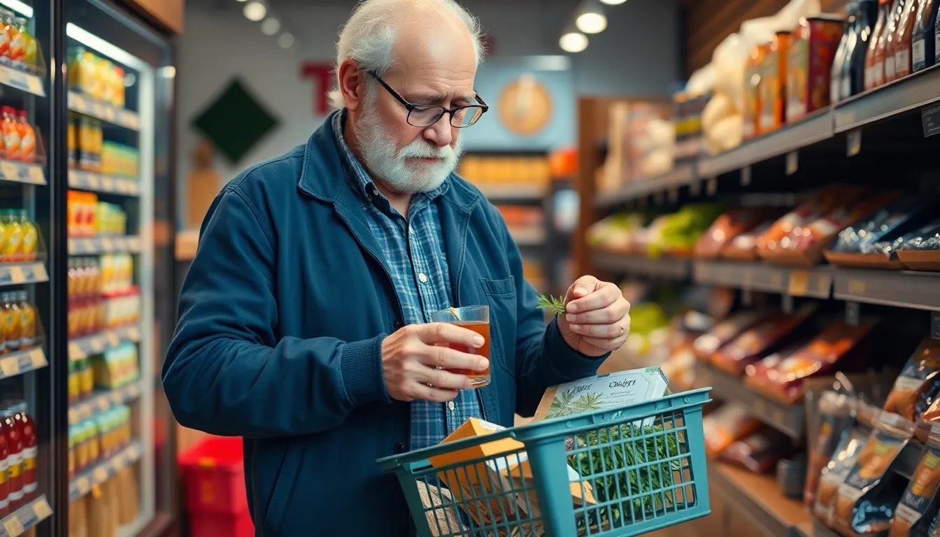 Elderly man holding a shopping basket in a grocery store, examining a product.