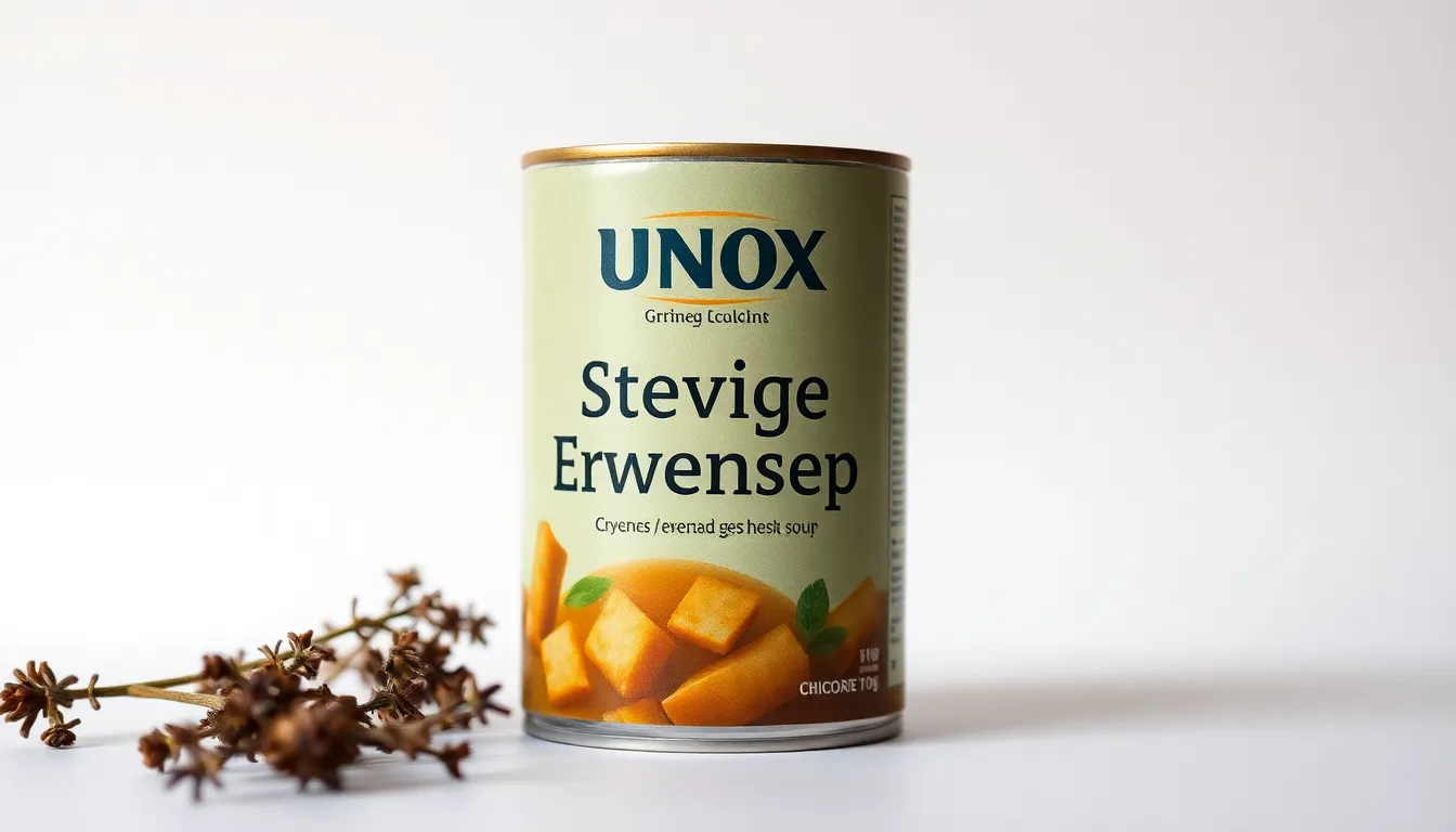 Close-up of a Unox Stevige Erwtensoep canned soup against a plain background.