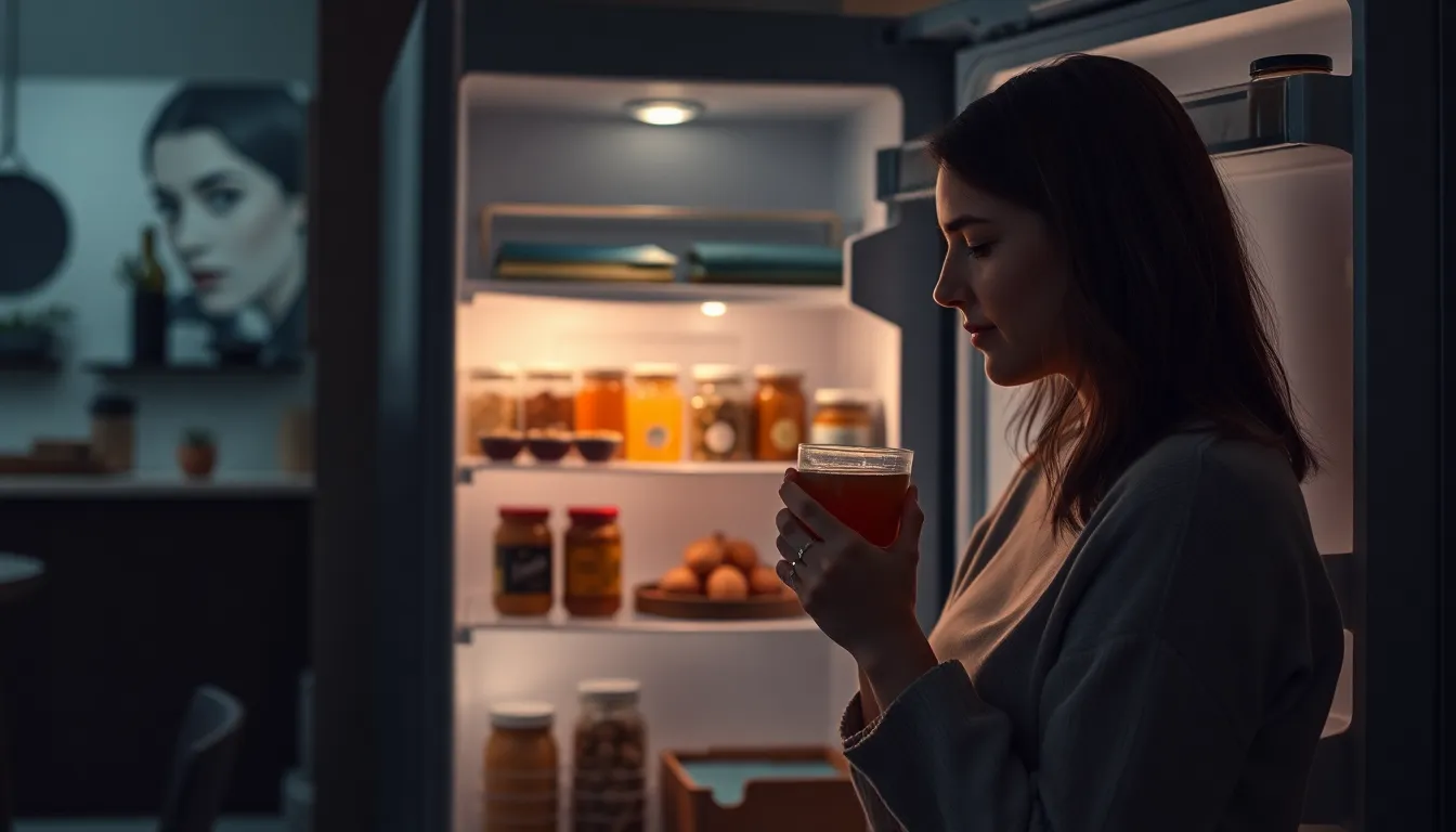 Woman sitting in front of an open fridge at night, examining food jar contents.