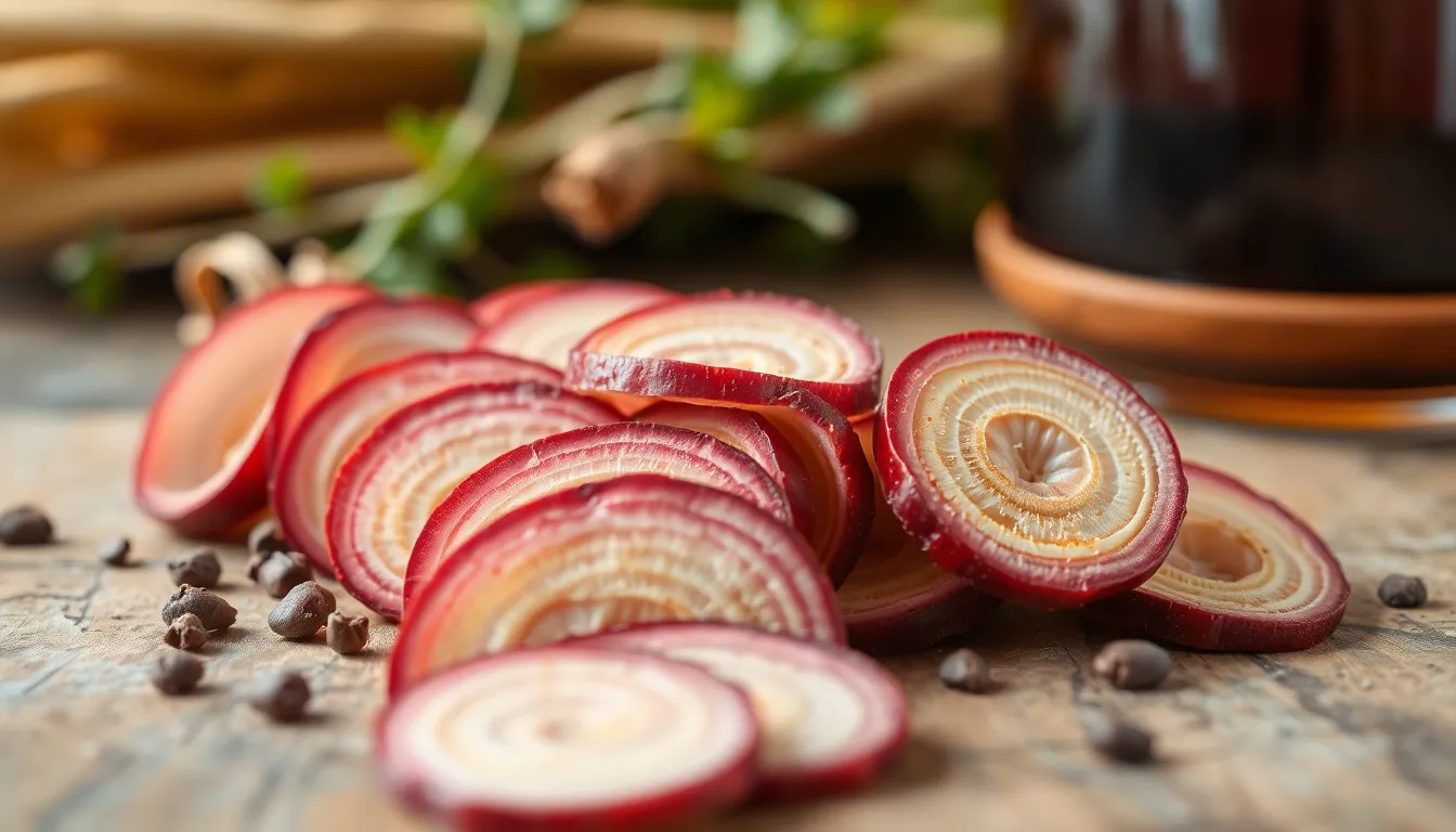 Close-up of sliced red chicory on rustic surface, ideal for healthy cooking concepts.