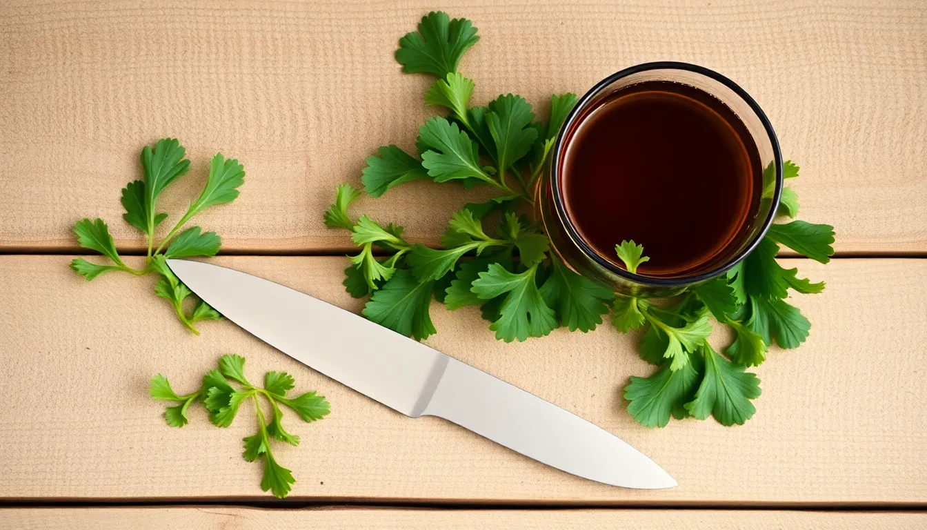 Top view of chicory leaves and a knife on a rustic surface for a fresh salad preparation.