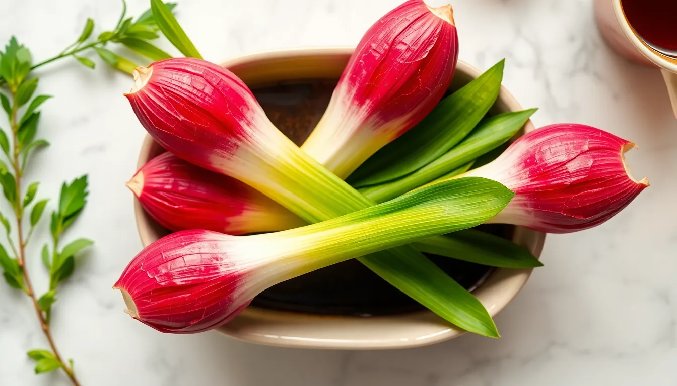 Top view of three red endives in a ceramic dish on a white marble background.