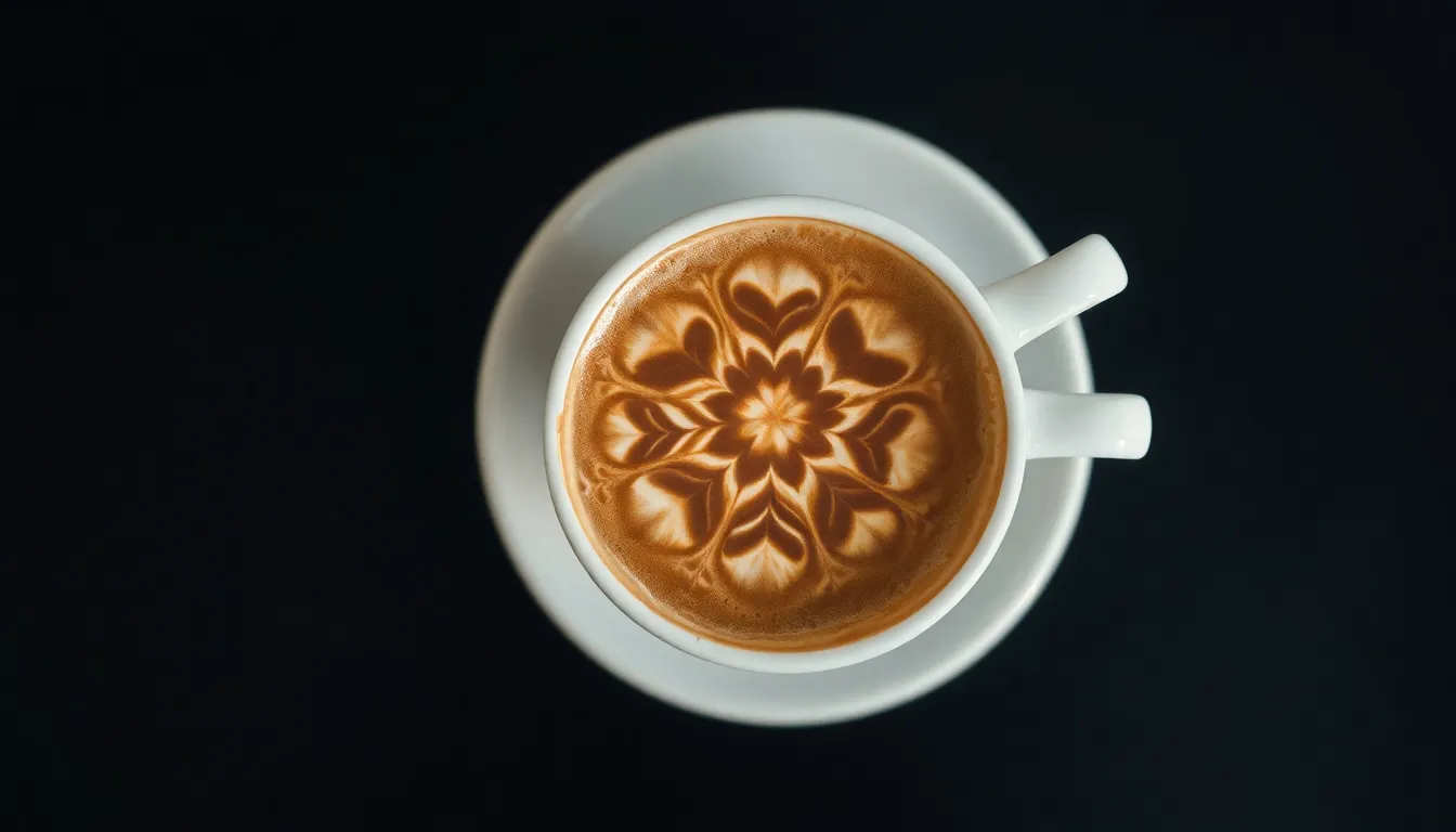 Top view of a coffee cup with intricate latte art on a dark surface.