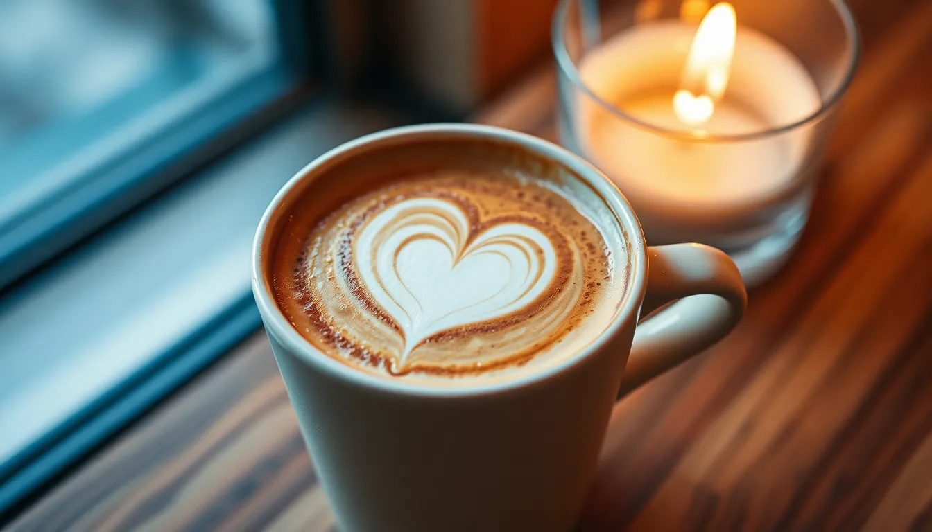A beautifully crafted latte with heart art design in a warm, inviting paper cup.