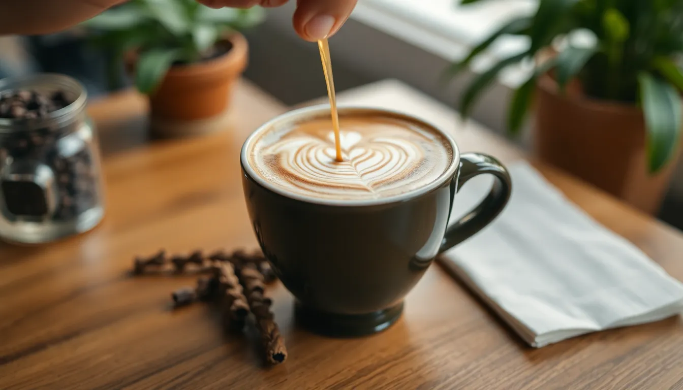 Captivating close-up of latte art being created in a coffee cup for a café vibe.