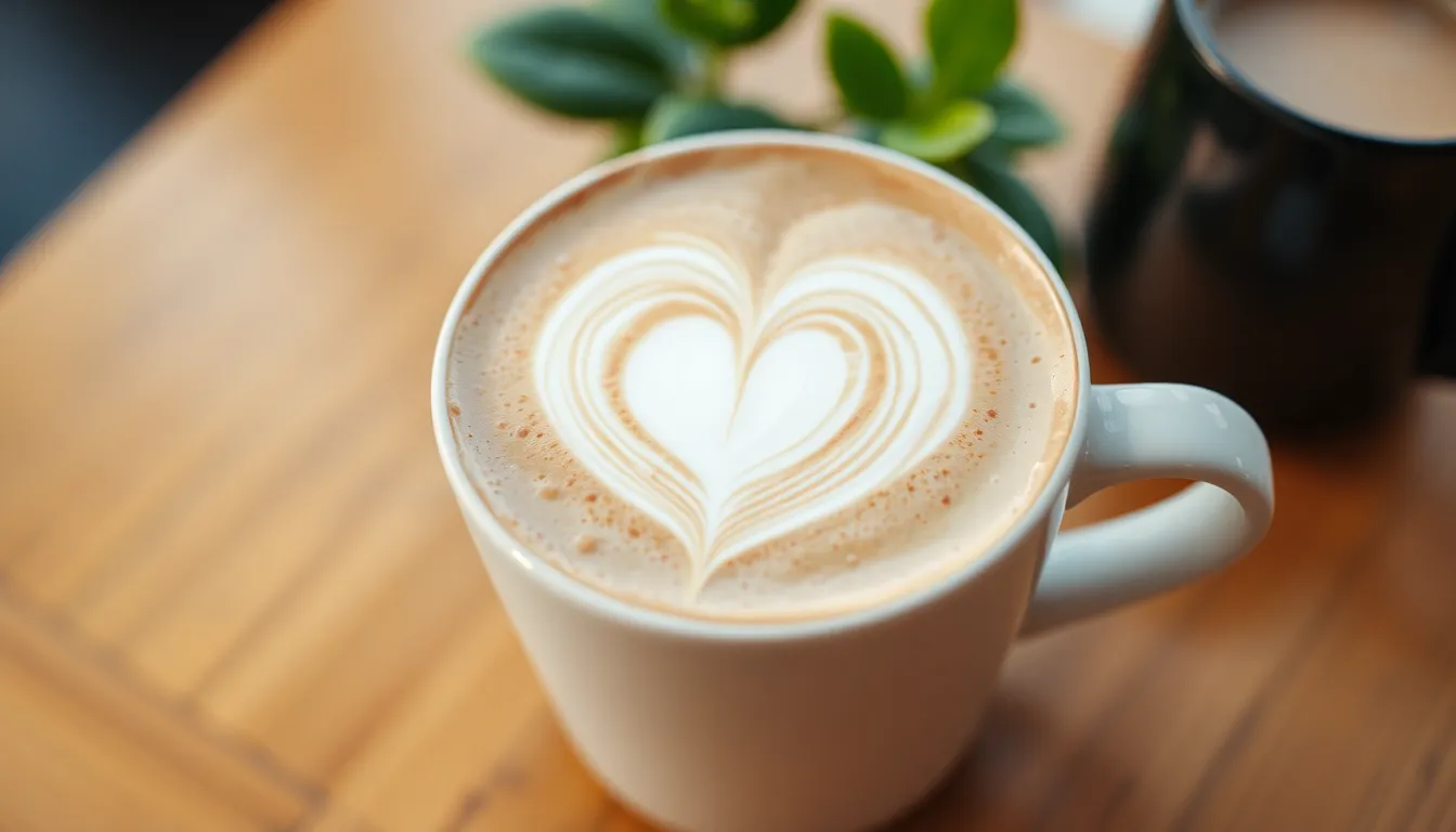A beautifully crafted heart-shaped latte art in a creamy coffee cup. Perfect for coffee lovers.