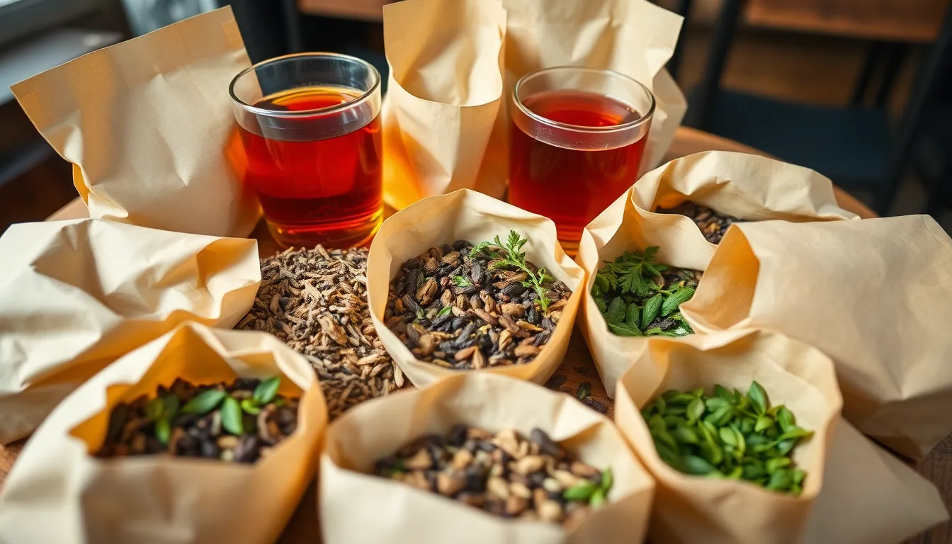 A variety of herbal tea ingredients surrounded by paper bags, ready for brewing.