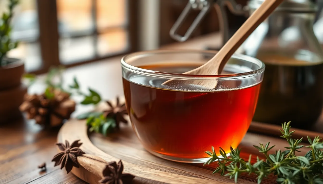 Close-up of herbal tea preparation using fresh spices and a wooden spoon.