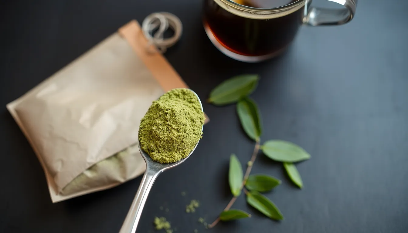 Close-up of matcha powder on a spoon with tea bag and green leaves on a dark table.