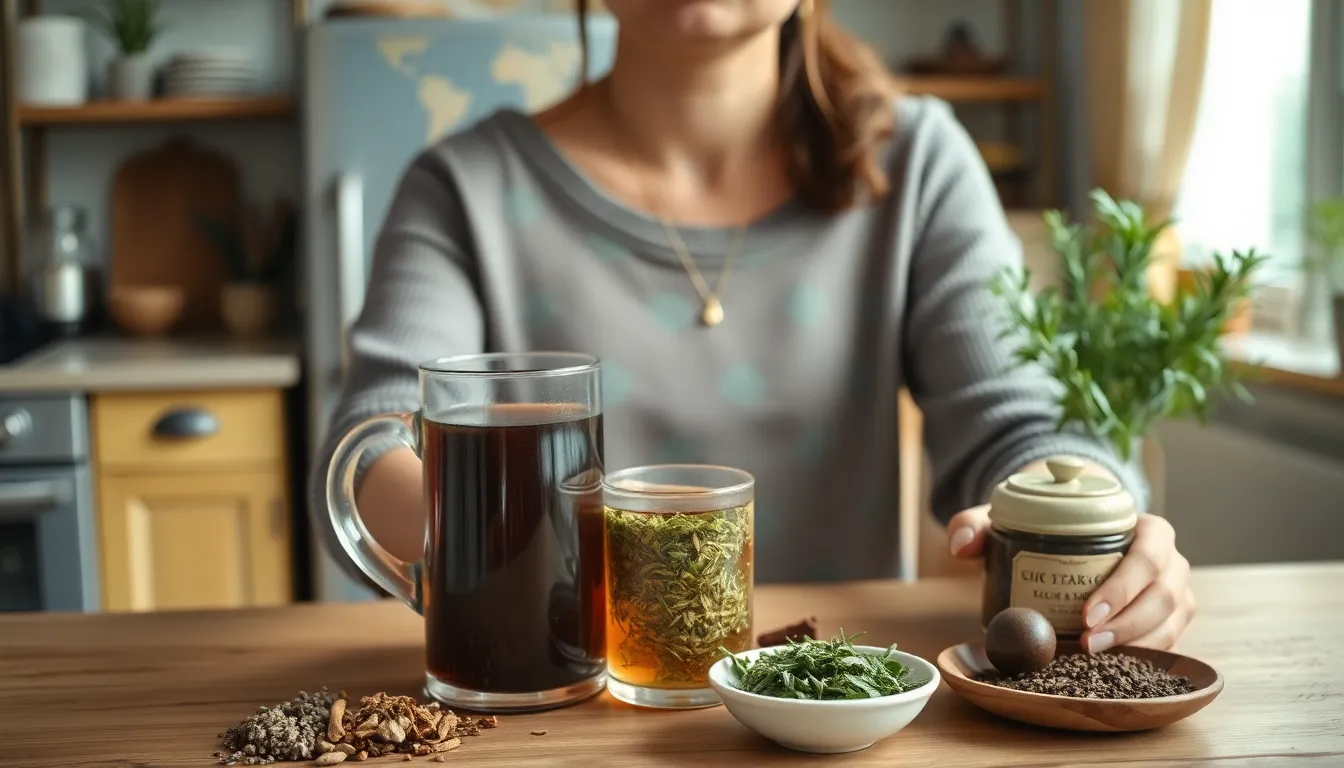 Woman sitting in a kitchen preparing herbal tea with various dried herbs.