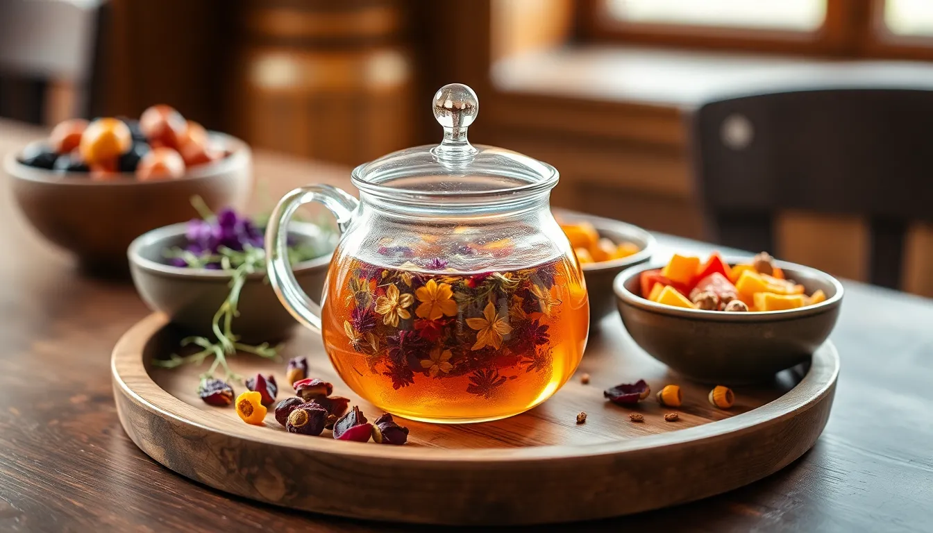Glass teapot with herbal tea and dried flowers on a wooden tray, surrounded by bowls of dried fruits and flowers.
