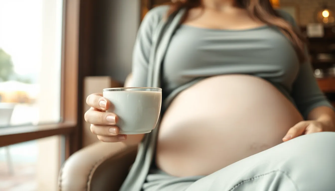 Pregnant woman enjoying a moment of relaxation indoors, holding a cup of tea.