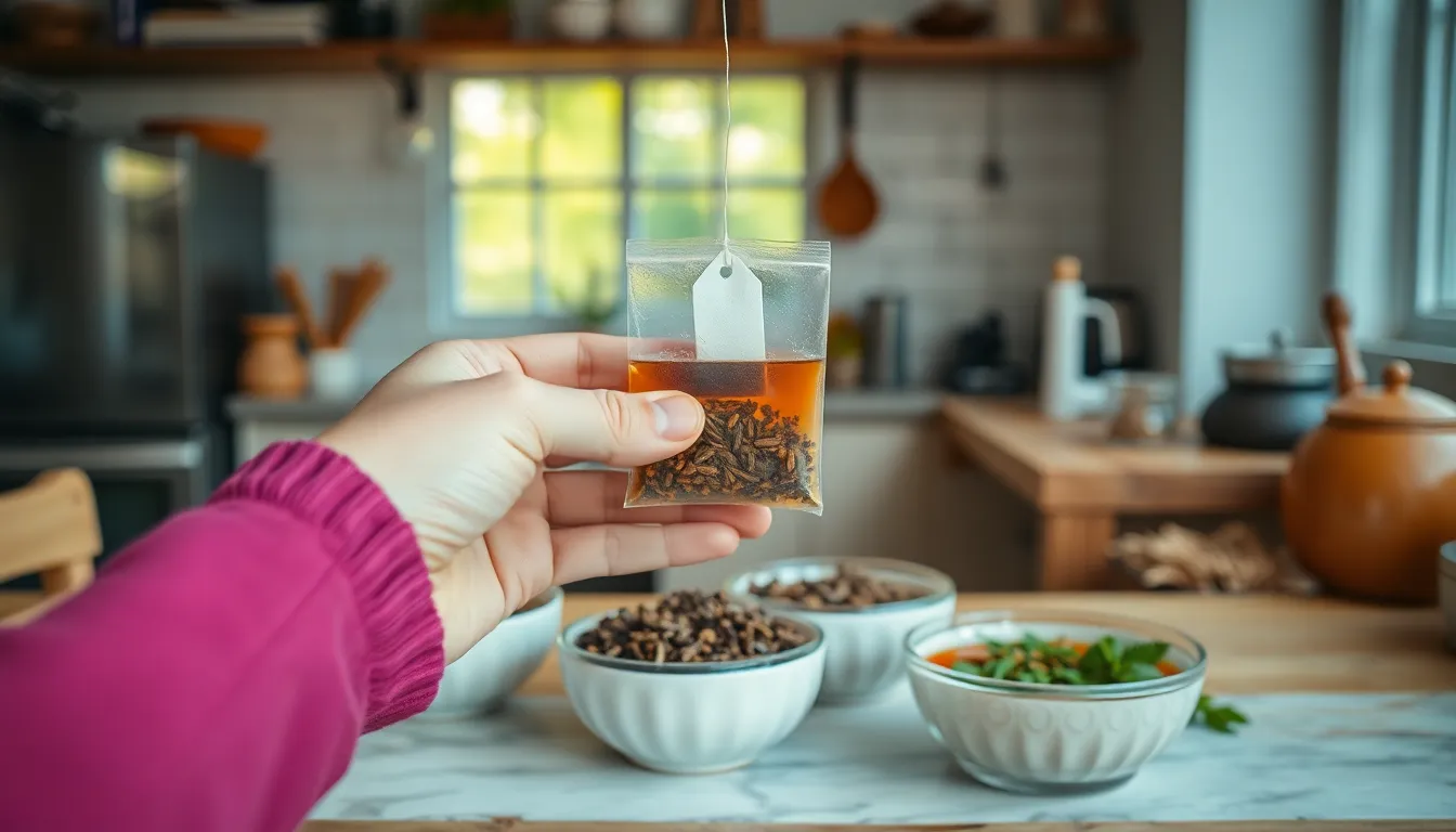Woman holding a tea bag above bowls of aromatic herbs, surrounded by a serene kitchen ambiance.