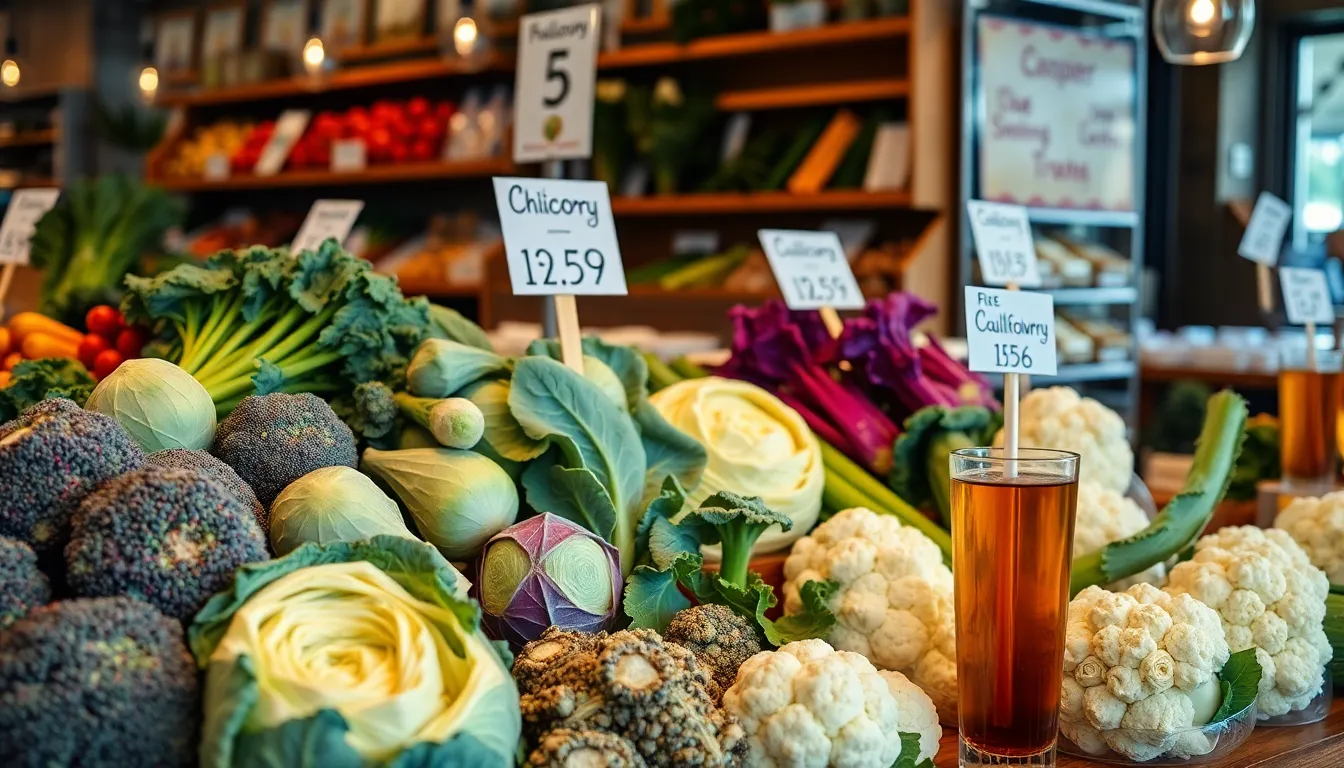Colorful display of fresh vegetables with price tags at a local market, showcasing broccoli, cabbage, and cauliflower.