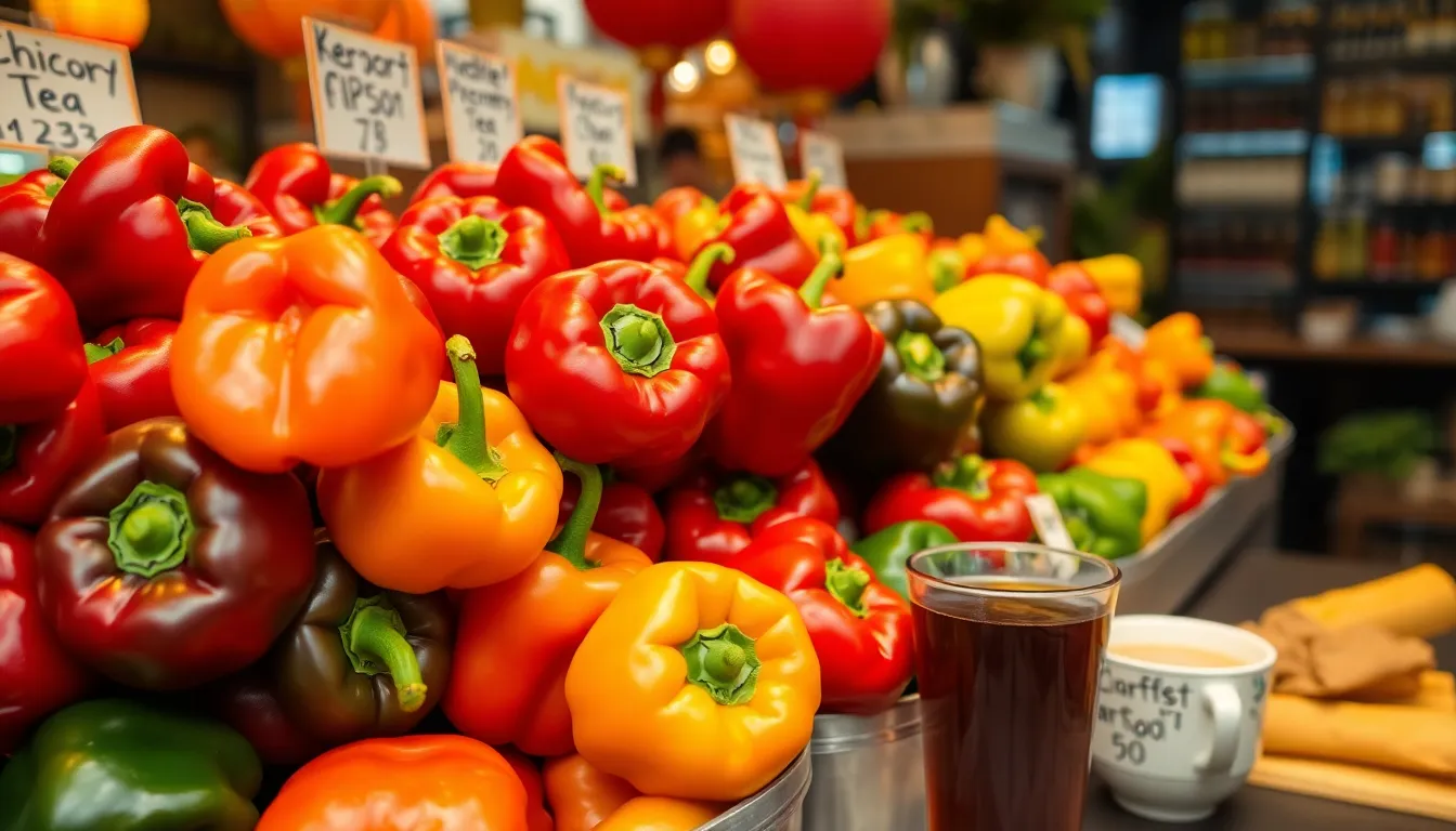 Vibrant bell peppers on display in a Chinese market with price tags.