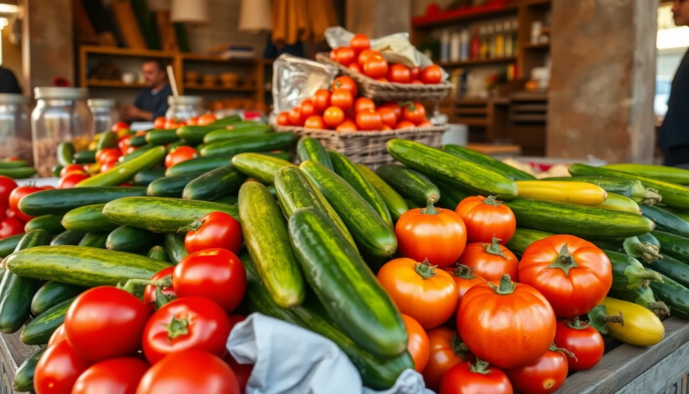 Vibrant cucumbers and tomatoes on display at a local market in Bangladesh.