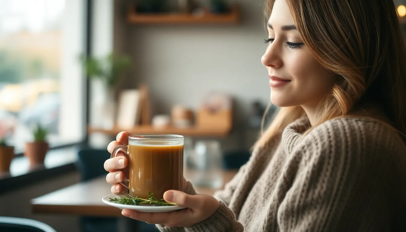 A woman enjoys a calming herbal tea indoors, capturing a moment of relaxation and comfort.
