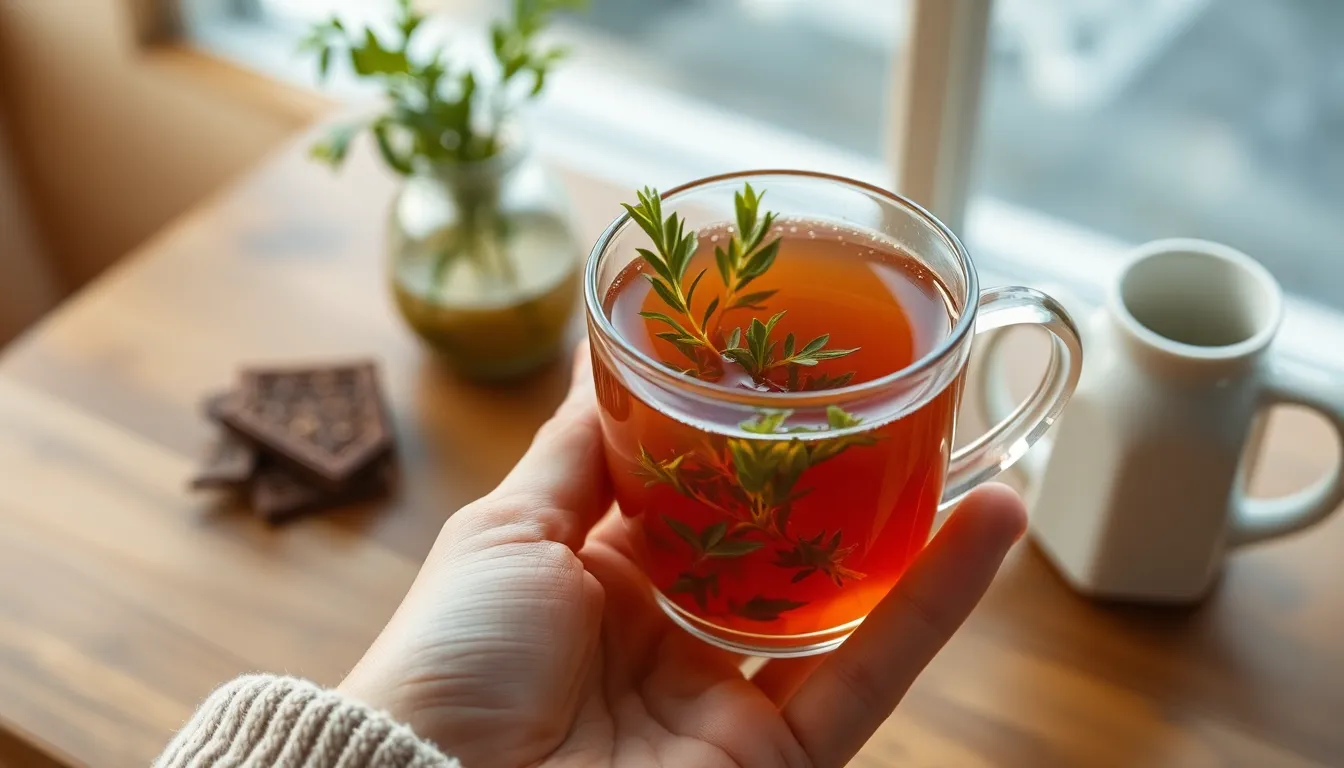 A calming scene of herbal tea held in a hand, perfect for relaxation.