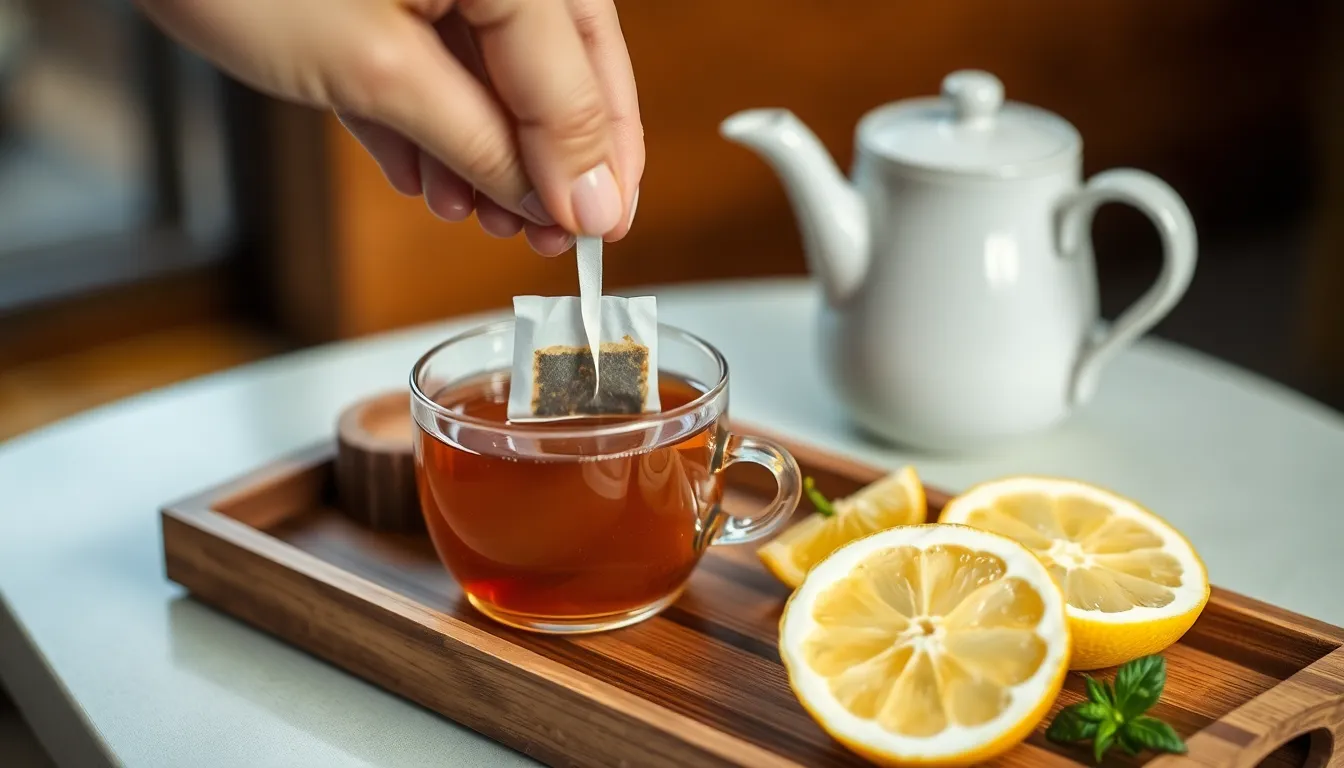 A hand dips a teabag into a cup of herbal tea set on a wooden tray indoors with honey and lemon slices.