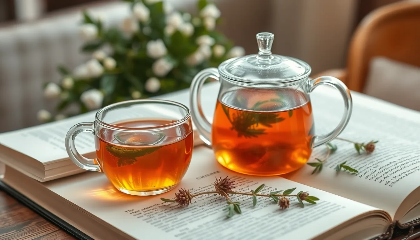 Warm and inviting herbal tea setup with a glass teapot and open book.