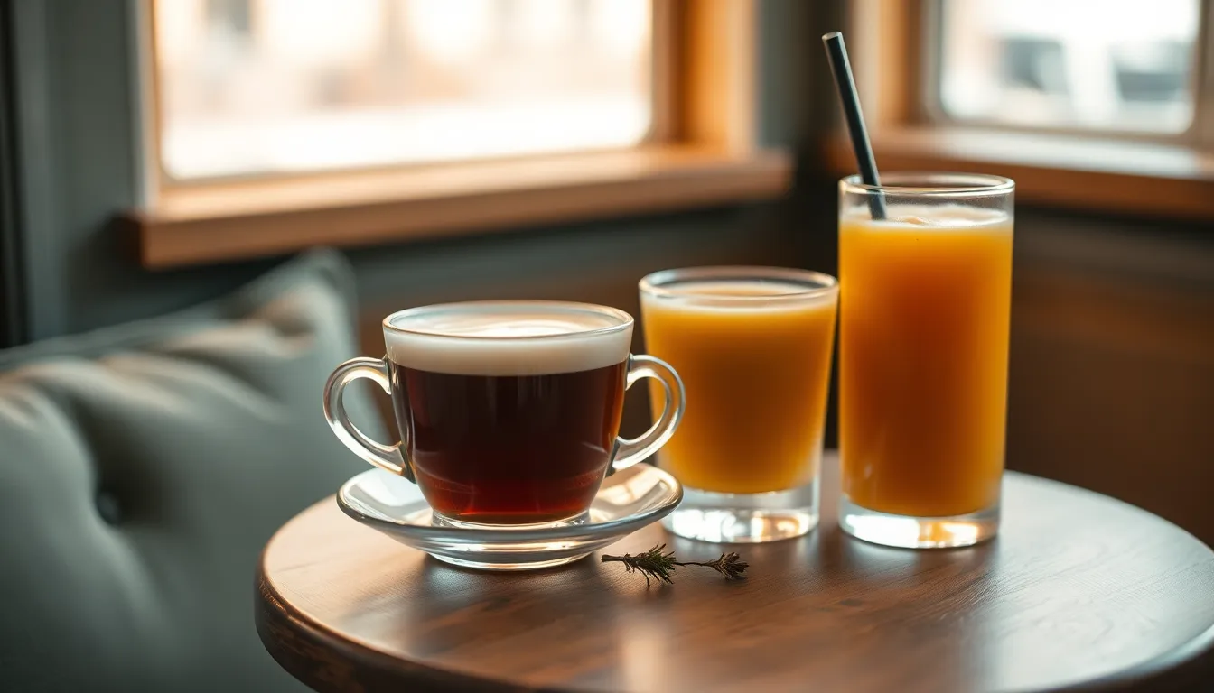 A warm setting featuring cappuccino and juice on a small table, ideal for a cozy moment.