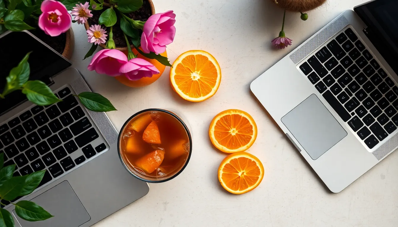 Overhead view of iced coffee, tangerine, and laptop on a desk with plants and flowers.