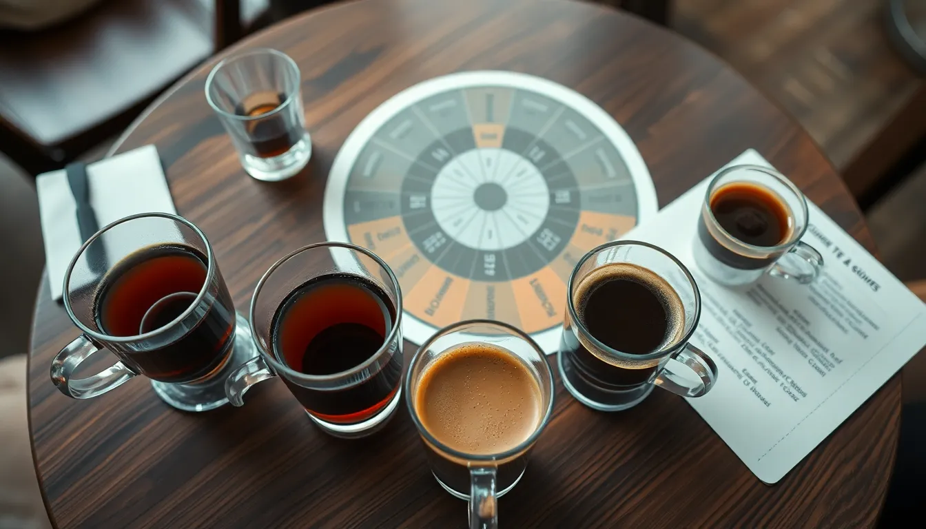 High angle view of a coffee tasting session with glasses and a circular chart showing various regions.