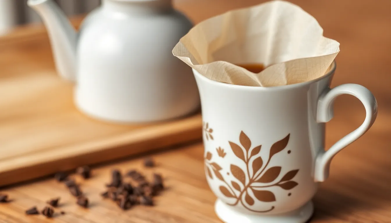Close-up of a V60 coffee filter and decorative cup, ideal for minimalist kitchen themes.